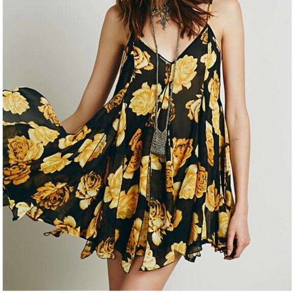 Free People Alyson Rose Black & Yellow Sheer Dress tunic flowy XS blouson tunic - Picture 1 of 10